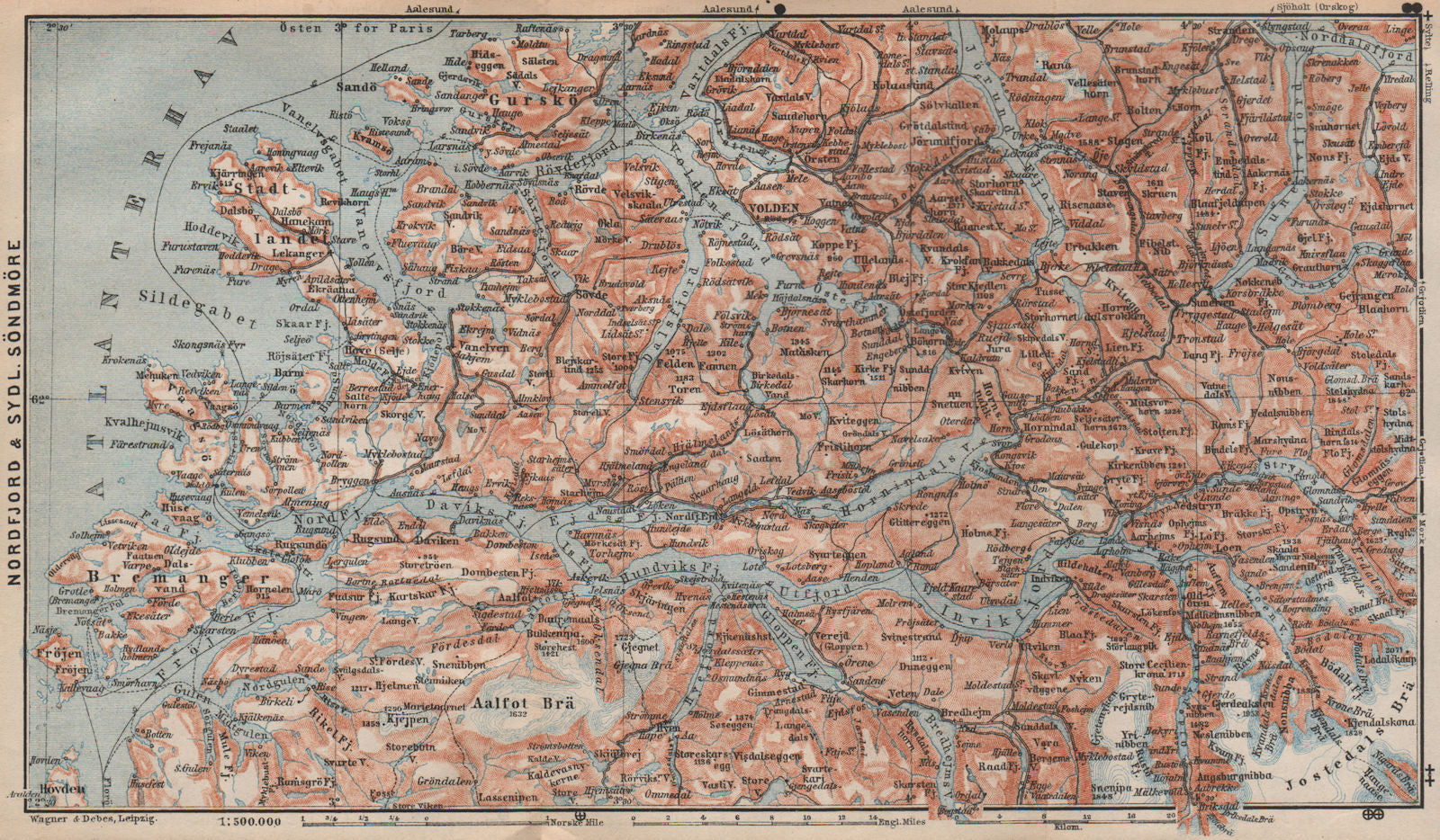 NORDFJORD & SOUTHERN SONDMERE/Sunnmøre topo-map. Gloppen Volda. Norway 1899